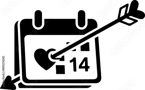 Valentine's Day Icon: A calendar, pierced by Cupid's arrow, bearing a heart and the number 14, signifies the romantic day, love, romance. 