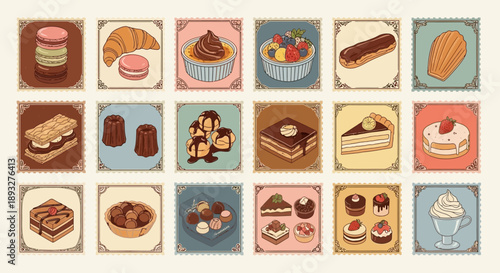 A collection of 18 vintage-style illustrations of various French pastries and desserts, including macarons, croissants, eclairs, and cakes, arranged in a grid.
