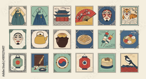 A grid of 18 vintage-style illustrations depicting diverse traditional Korean cultural elements such as hanbok, hanok, masks, food, animals, and symbols.