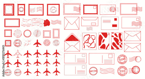 A comprehensive collection of red outline vector icons depicting various postal elements, mail, envelopes, stamps, postmarks, postcards, and air travel airplanes on a white background.