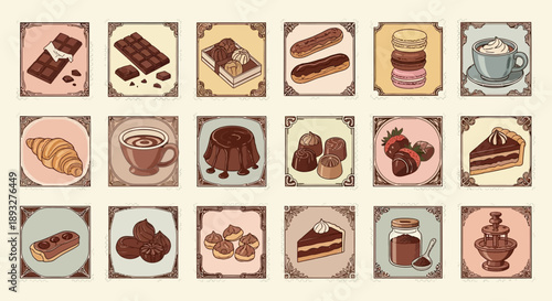 A delightful collection of various chocolate desserts and sweet treats in a grid layout, featuring bars, pastries, drinks, and confections.