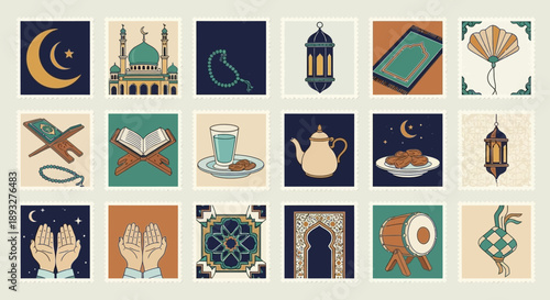 A collection of Islamic religious and cultural icons, including mosques, lanterns, prayer items, and traditional symbols, in a grid layout.