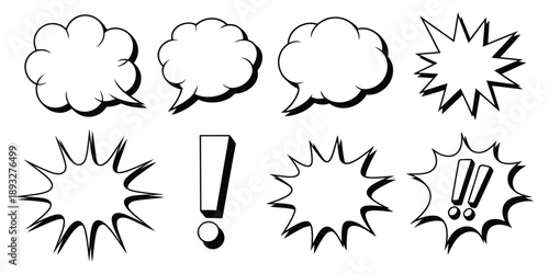 Comic book speech bubbles collection featuring classic black and white line art speech bubbles and starburst shapes, ideal for retro pop art, graphic design
