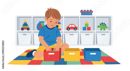 Independent little boy sorting toys into boxes, modern flat vector showing good habits, organization skills, and tidy playroom routine