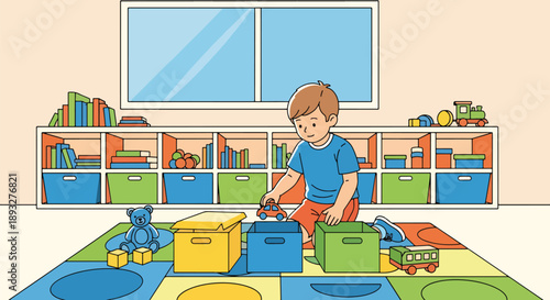 Independent little boy sorting toys into boxes, modern flat vector showing good habits, organization skills, and tidy playroom routine