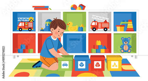 Independent little boy sorting toys into boxes, modern flat vector showing good habits, organization skills, and tidy playroom routine