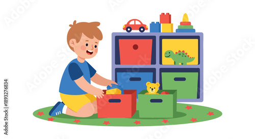 Independent little boy sorting toys into boxes, modern flat vector showing good habits, organization skills, and tidy playroom routine