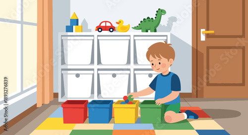 Independent little boy sorting toys into boxes, modern flat vector showing good habits, organization skills, and tidy playroom routine