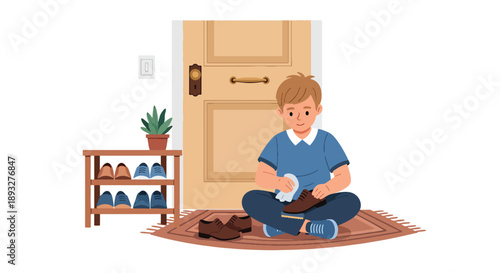 Independent little boy polishing his shoes near the door, modern flat vector showing good habits and personal responsibility