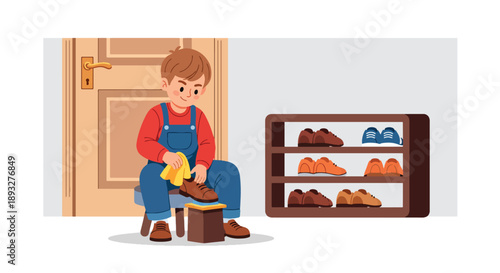Independent little boy polishing his shoes near the door, modern flat vector showing good habits and personal responsibility