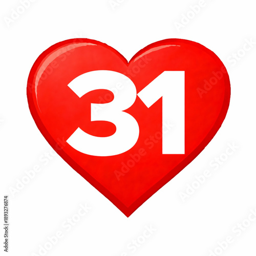 Vibrant glossy red heart icon featuring the number thirty-one prominently displayed in white, symbolizing love, affection, or a special numerical count