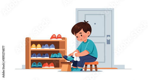 Independent little boy polishing his shoes near the door, modern flat vector showing good habits and personal responsibility