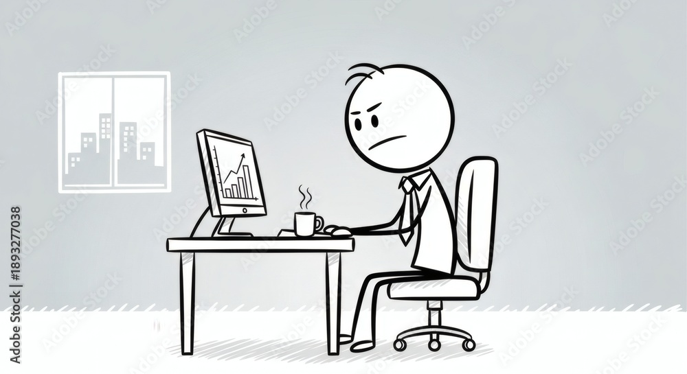 Fototapeta premium Frustrated stick figure professional facing complex financial data on a computer screen, illustrating workplace pressure and challenging business analysis