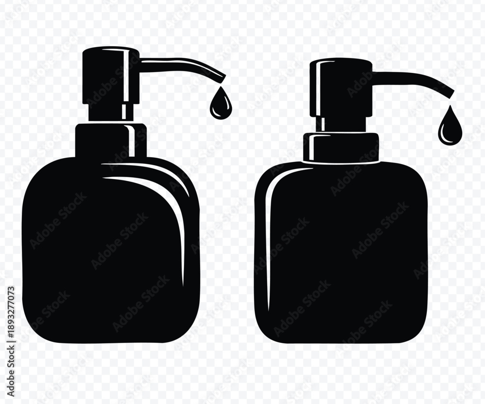 Obraz premium two Black silhouette icons of two pump dispenser bottles with a dripping drop