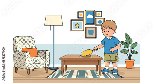 Independent little boy dusting furniture in the living room, modern flat vector promoting good habits and clean home lifestyle