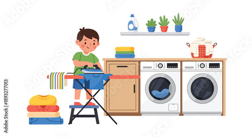 Independent little boy ironing clothes safely at home, modern flat vector illustrating good habits and self-care responsibility