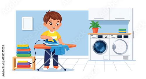 Independent little boy ironing clothes safely at home, modern flat vector illustrating good habits and self-care responsibility