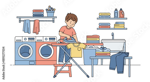 Independent little boy ironing clothes safely at home, modern flat vector illustrating good habits and self-care responsibility