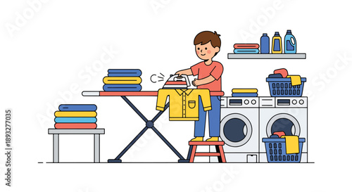 Independent little boy ironing clothes safely at home, modern flat vector illustrating good habits and self-care responsibility