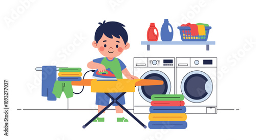 Independent little boy ironing clothes safely at home, modern flat vector illustrating good habits and self-care responsibility