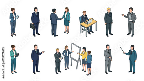 isometric business team collaboration icons set