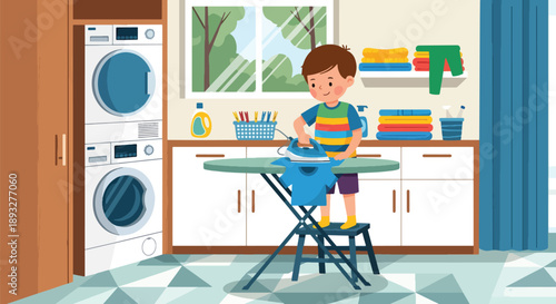 Independent little boy ironing clothes safely at home, modern flat vector illustrating good habits and self-care responsibility