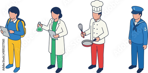 Isometric Icon of Diverse Professionals in Uniforms and Roles