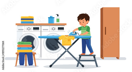 Independent little boy ironing clothes safely at home, modern flat vector illustrating good habits and self-care responsibility