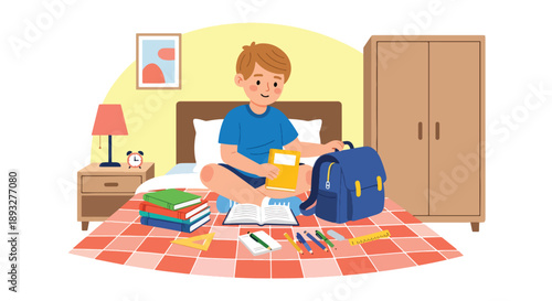 Independent little boy preparing his school bag, modern flat vector promoting good habits, readiness, and learning discipline