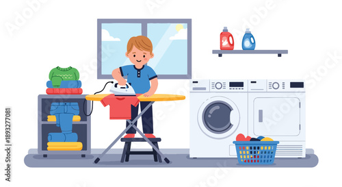 Independent little boy ironing clothes safely at home, modern flat vector illustrating good habits and self-care responsibility