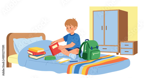 Independent little boy preparing his school bag, modern flat vector promoting good habits, readiness, and learning discipline