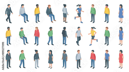 Isometric Icon Set of Diverse People Standing and Walking