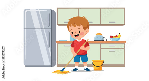 Independent little boy mopping the kitchen floor, modern flat vector promoting good habits and responsibility at home