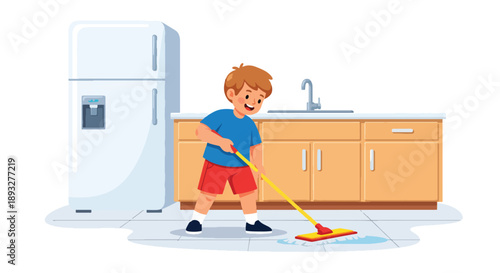 Independent little boy mopping the kitchen floor, modern flat vector promoting good habits and responsibility at home