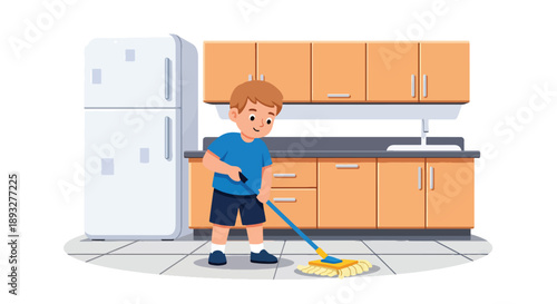 Independent little boy mopping the kitchen floor, modern flat vector promoting good habits and responsibility at home