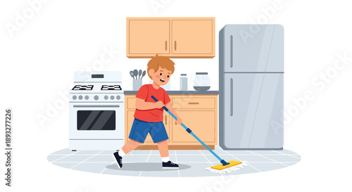 Independent little boy mopping the kitchen floor, modern flat vector promoting good habits and responsibility at home