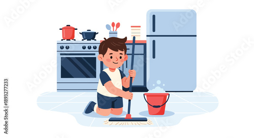 Independent little boy mopping the kitchen floor, modern flat vector promoting good habits and responsibility at home