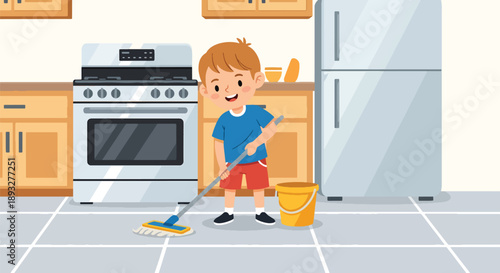 Independent little boy mopping the kitchen floor, modern flat vector promoting good habits and responsibility at home