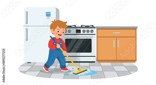 Independent little boy mopping the kitchen floor, modern flat vector promoting good habits and responsibility at home