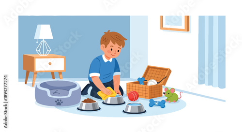 Independent little boy cleaning pet area at home, modern flat vector promoting good habits and caring attitude