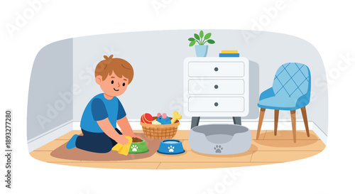Independent little boy cleaning pet area at home, modern flat vector promoting good habits and caring attitude