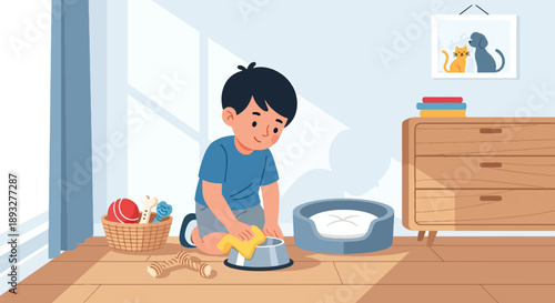 Independent little boy cleaning pet area at home, modern flat vector promoting good habits and caring attitude