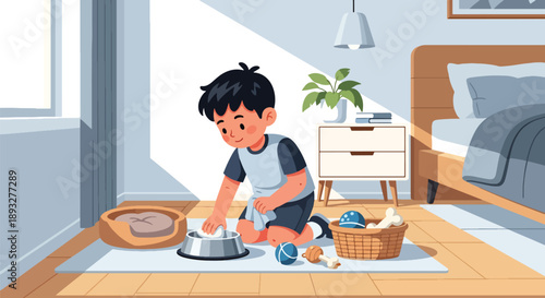 Independent little boy cleaning pet area at home, modern flat vector promoting good habits and caring attitude