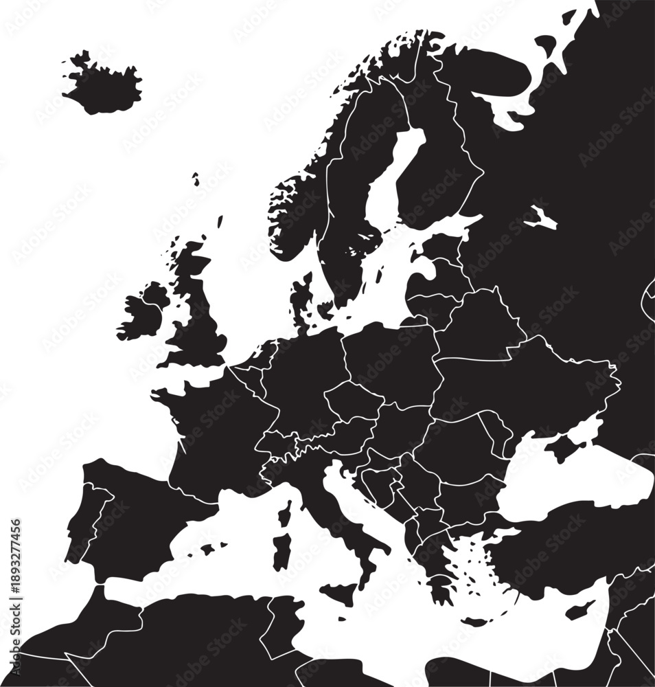 Obraz premium Black silhouette map of europe, continent outline on transparent background, geographical illustration, international borders for atlas