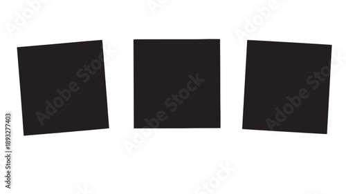 Three black square cards in minimalist design with soft studio lighting on white background for branding