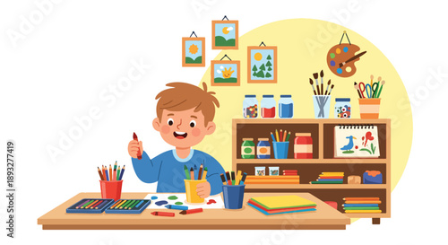 Independent little boy organizing art supplies, modern flat vector promoting good habits and creative discipline