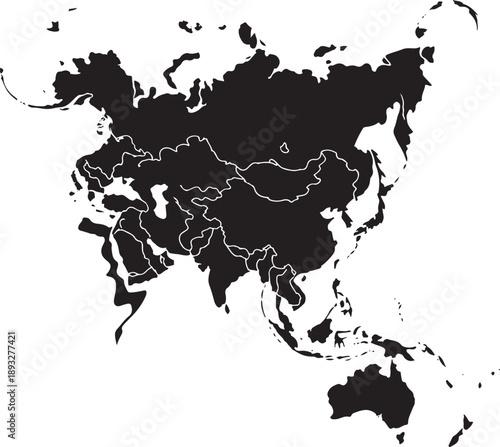 Black silhouette map of asia, continent outline on transparent background, geographical illustration, international borders for atlas
