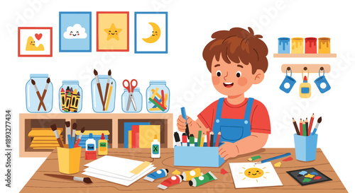Independent little boy organizing art supplies, modern flat vector promoting good habits and creative discipline