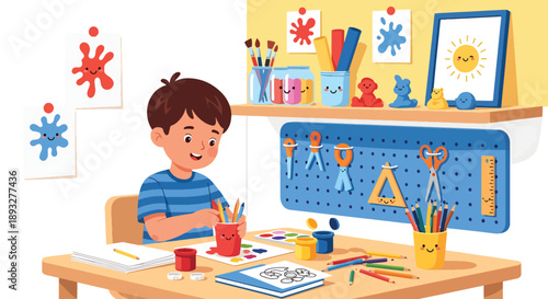 Independent little boy organizing art supplies, modern flat vector promoting good habits and creative discipline