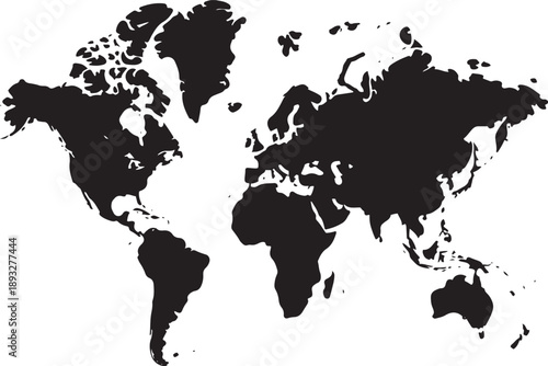 Black silhouette map of world continents, global outline on transparent background, geographical illustration, international borders for atlas